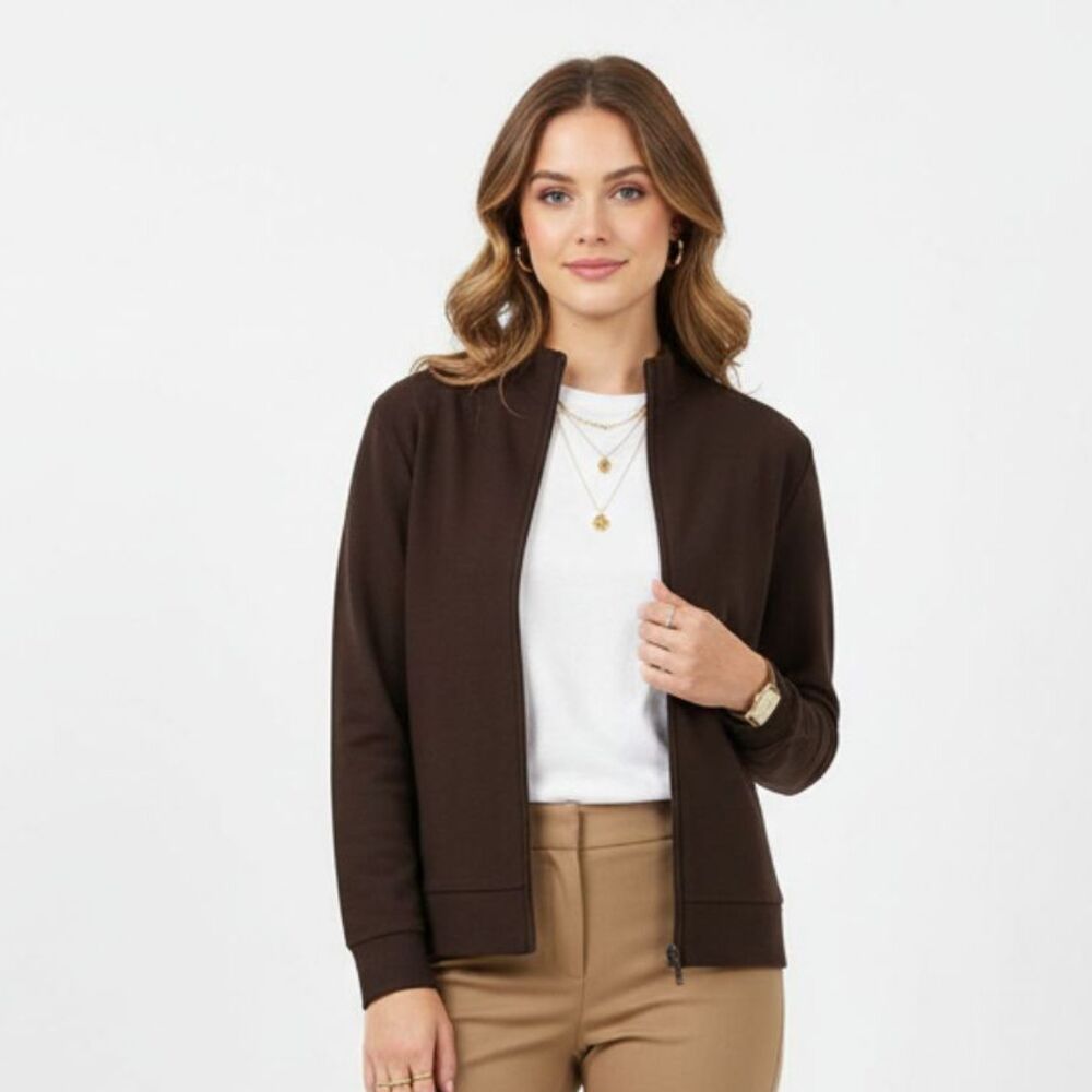 Eileen Fisher Brown Ribbed Long Sleeve Zip Sweater M